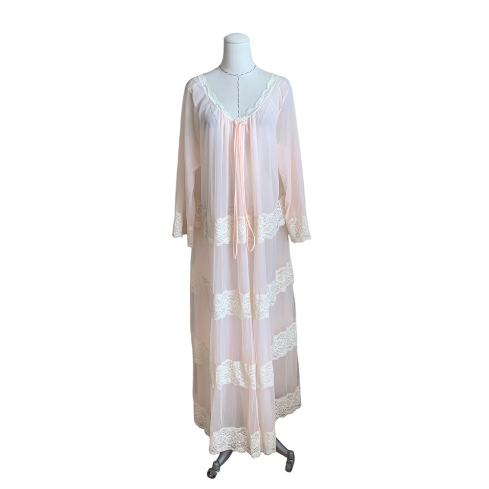 Vintage 60s Intime Pink Robe Peignoir Double Chiffon Nylon Lace Lingerie Glamour